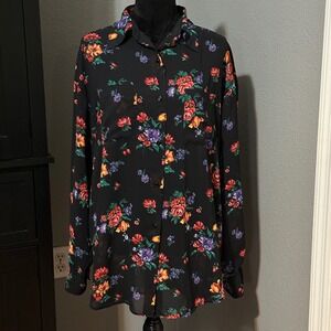 GAP Floral Button Down Shirt Black‎ Chiffon Sheer Long Sleeve Large Blouse